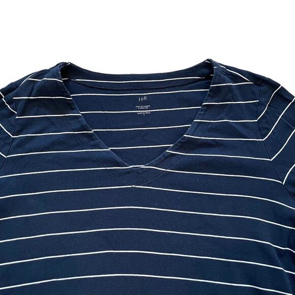 J. Jill Pima Cotton 3/4 Sleeve V-Neck Top Navy White Stripe Pullover, Size L - Picture 2 of 11